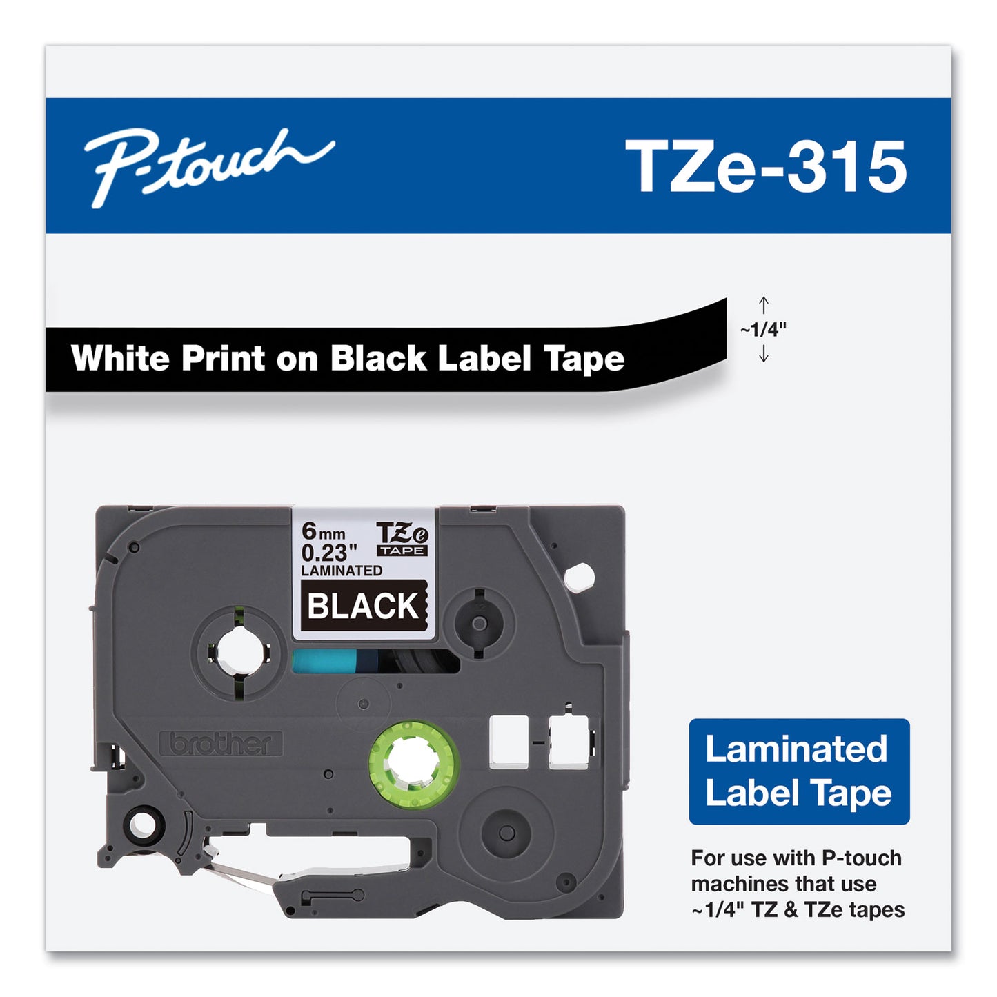 Brother TZe Standard Adhesive Laminated Labeling Tape, 0.23" x 26.2 ft, White on Black (TZE315)