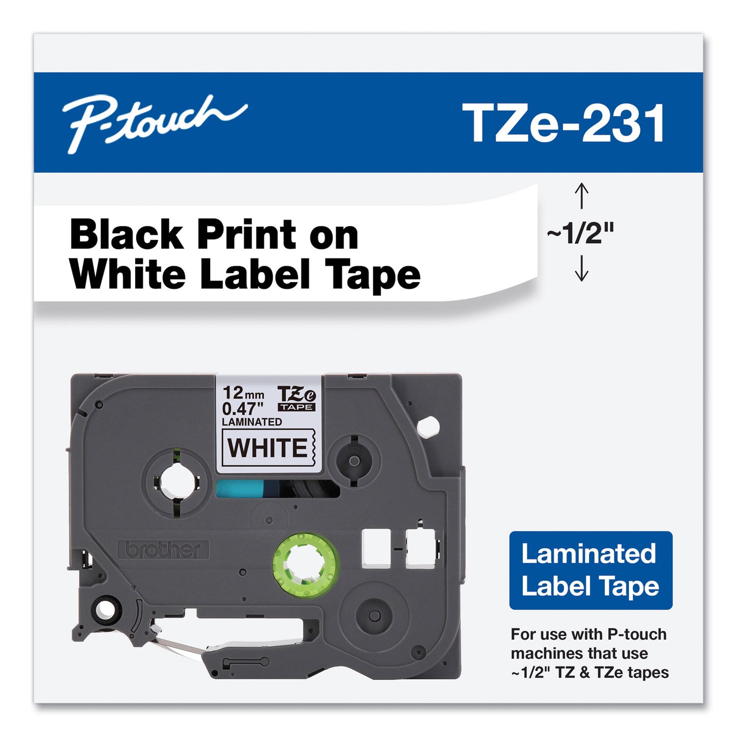 Brother TZe Standard Adhesive Laminated Labeling Tape, 0.47" x 26.2 ft, Black on White (TZE231)