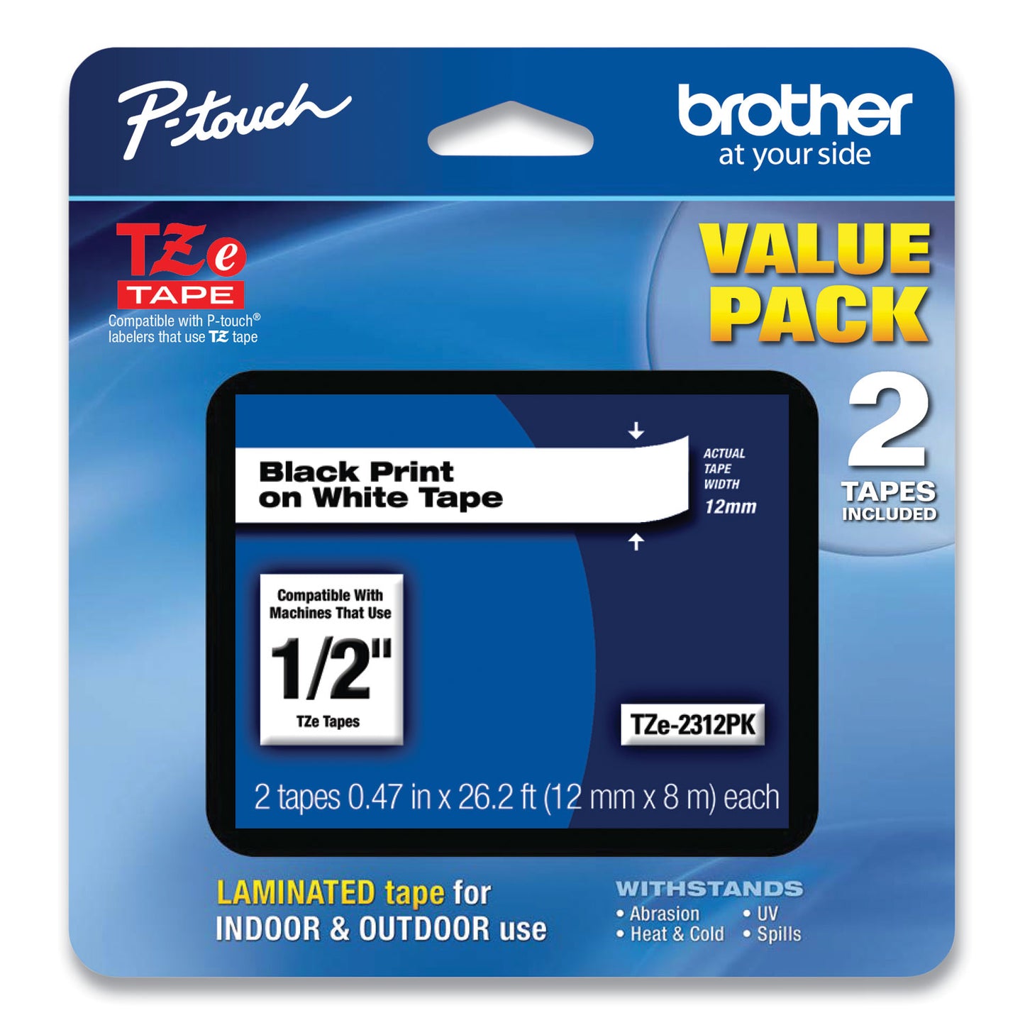 Brother TZe Standard Adhesive Laminated Labeling Tapes, 0.47" x 26.2 ft, Black on White, 2/Pack (TZE2312PK)