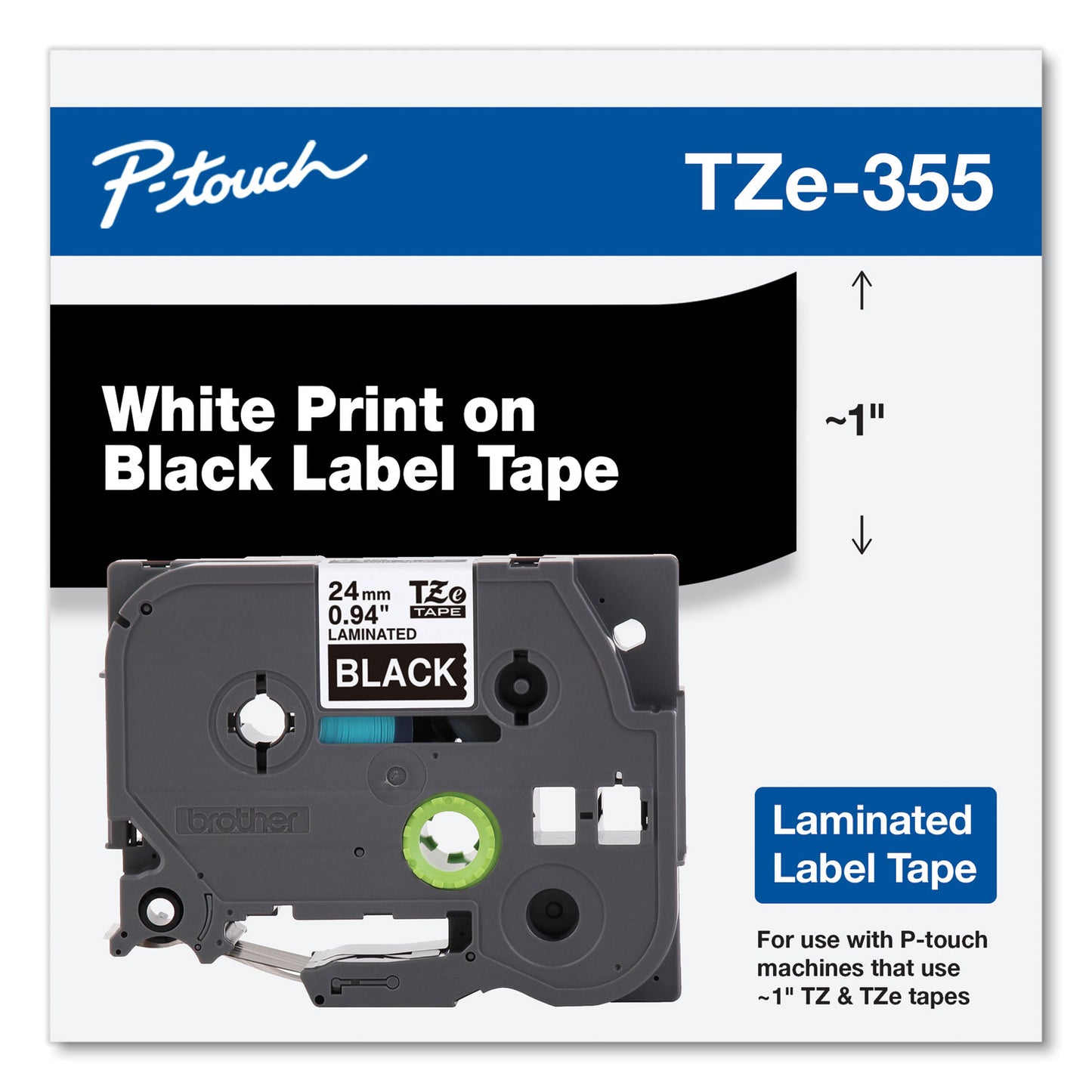 Brother TZe Standard Adhesive Laminated Labeling Tape, 0.94" x 26.2 ft, White on Black (TZE355)
