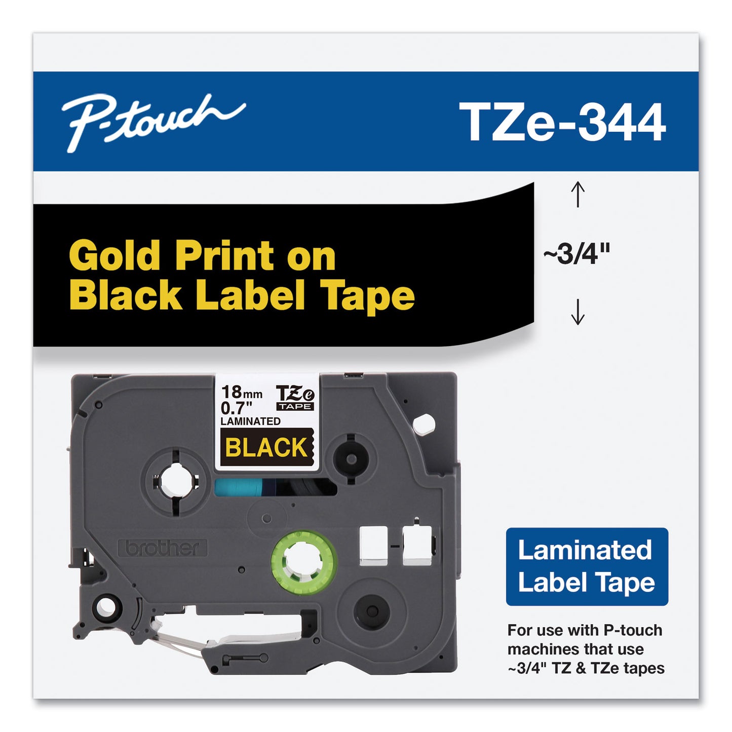 Brother TZe Standard Adhesive Laminated Labeling Tape, 0.7" x 26.2 ft, Gold on Black (TZE344)