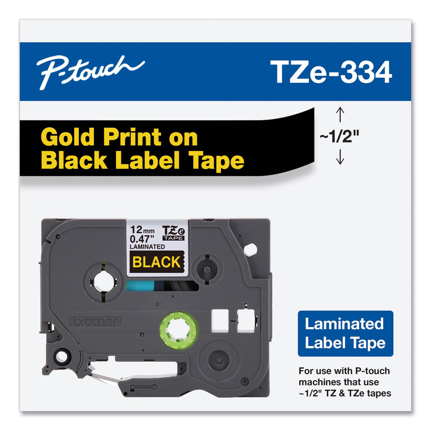 Brother TZe Standard Adhesive Laminated Labeling Tape, 0.47" x 26.2 ft, Gold on Black (TZE334)