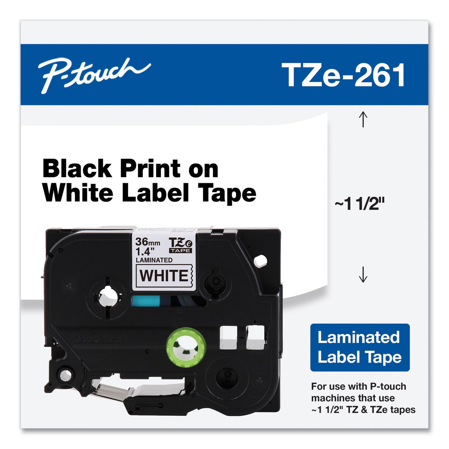 Brother TZe Standard Adhesive Laminated Labeling Tape, 1.4" x 26.2 ft, Black on White (TZE261)