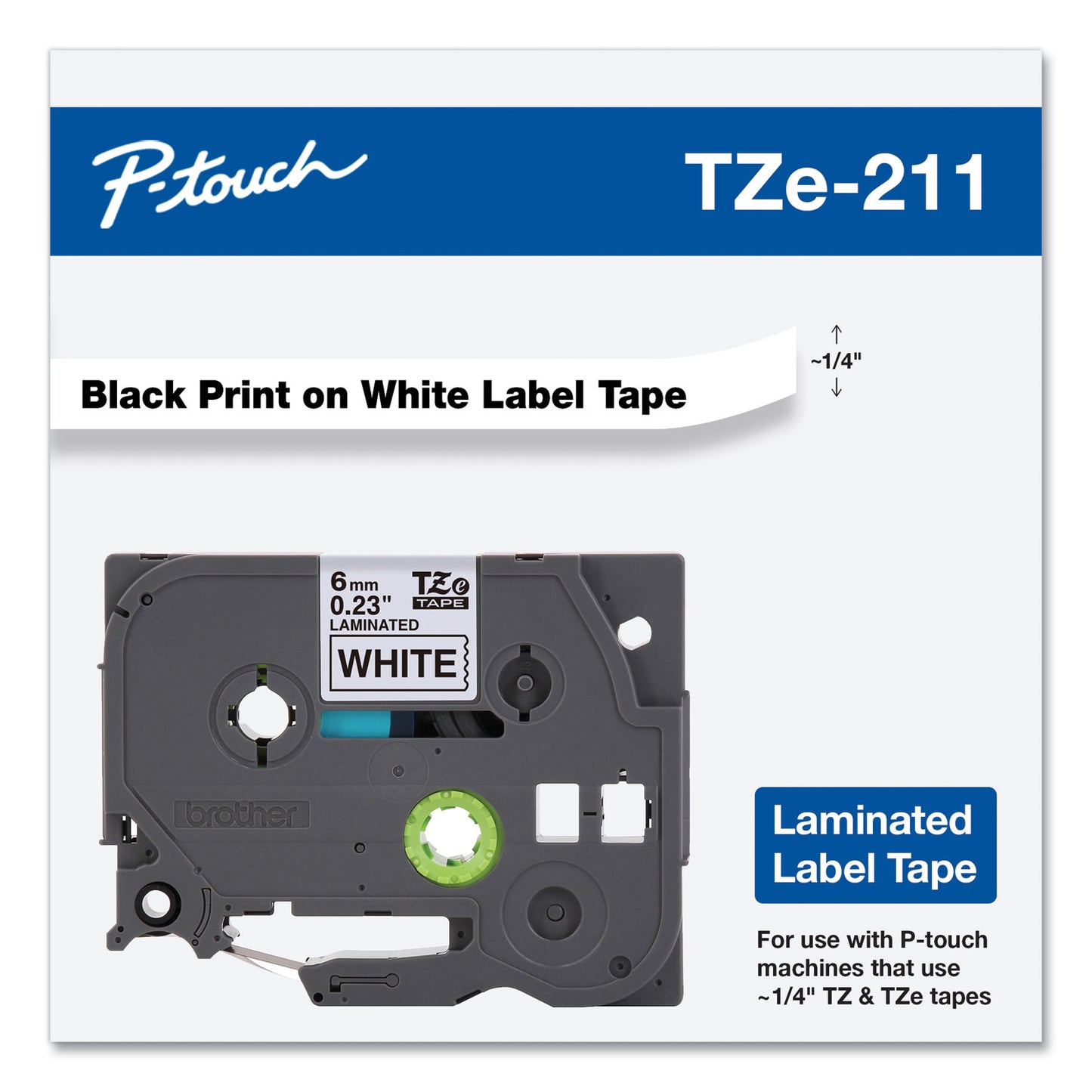 Brother TZe Standard Adhesive Laminated Labeling Tape, 0.23" x 26.2 ft, Black on White (TZE211)