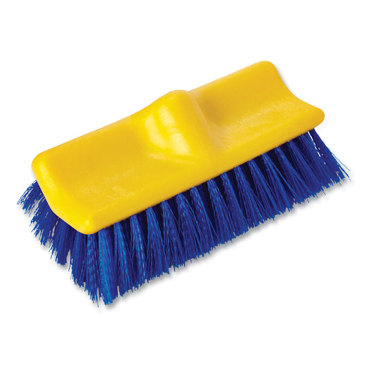 Rubbermaid Commercial Bi-Level Deck Scrub Brush, Blue Polypropylene Bristles, 10" Brush, 10" Plastic Block, Threaded Hole (6337BLU)