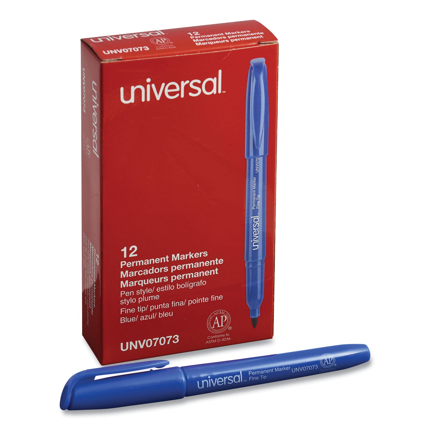 Universal Pen-Style Permanent Marker, Fine Bullet Tip, Blue, Dozen (07073)