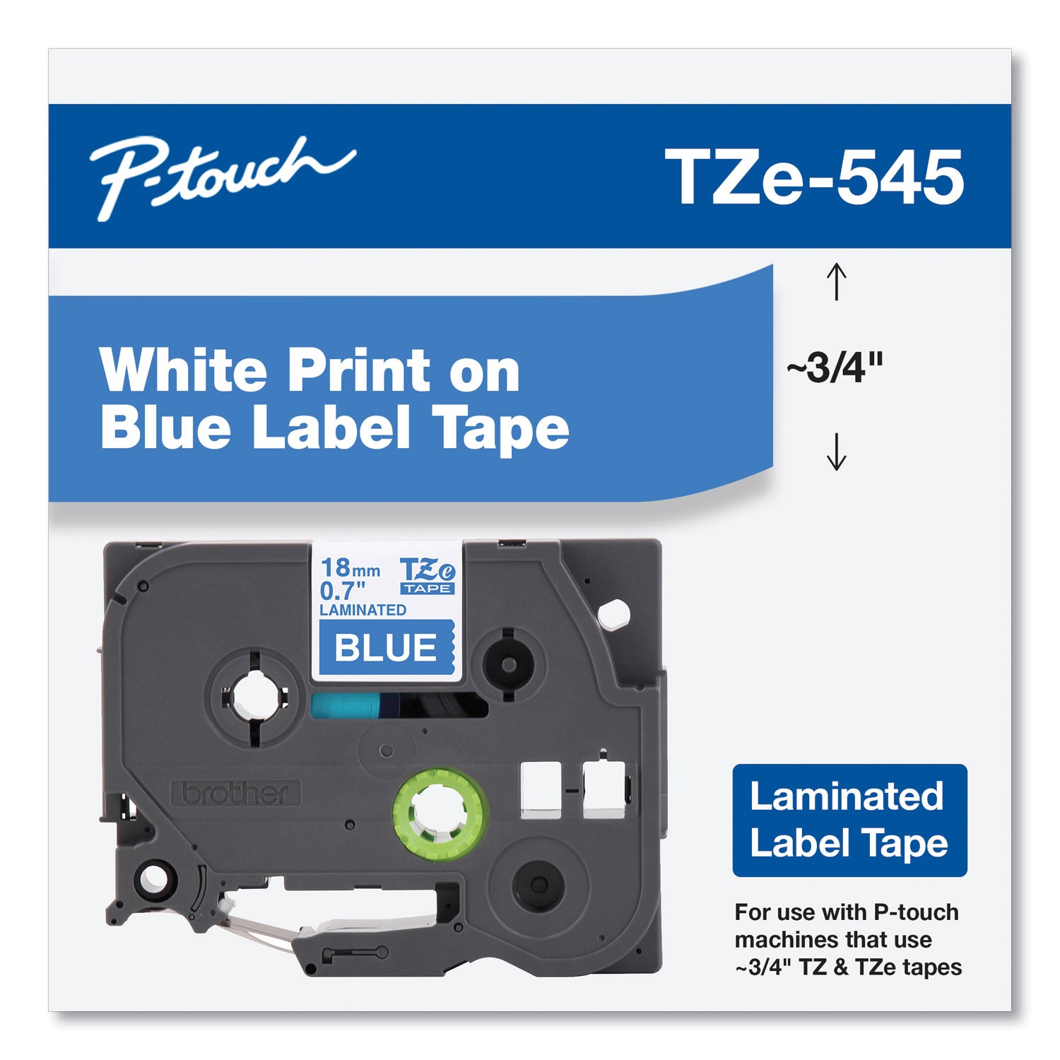 Brother TZe Standard Adhesive Laminated Labeling Tape, 0.7" x 26.2 ft, White on Blue (TZE545)