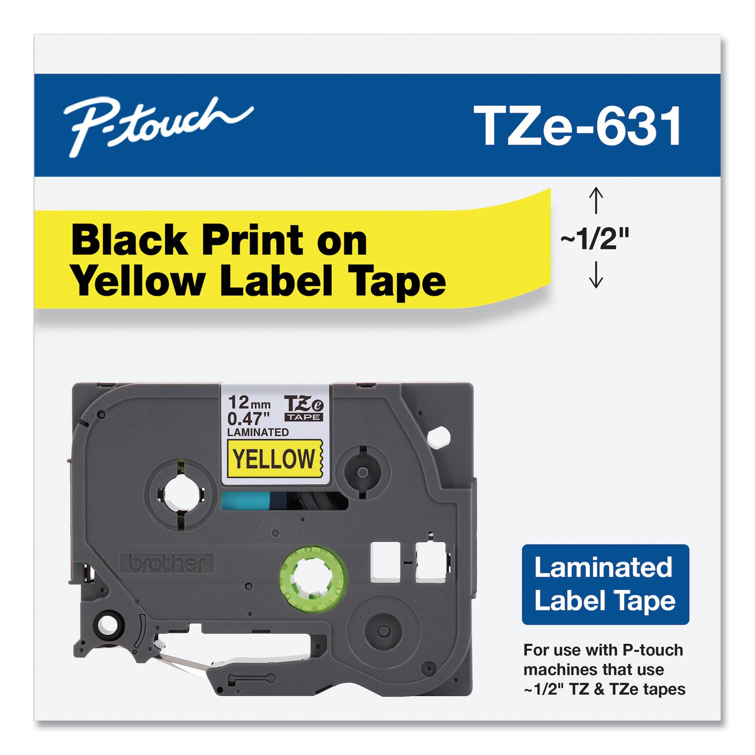 Brother TZe Standard Adhesive Laminated Labeling Tape, 0.47" x 26.2 ft, Black on Yellow (TZE631)