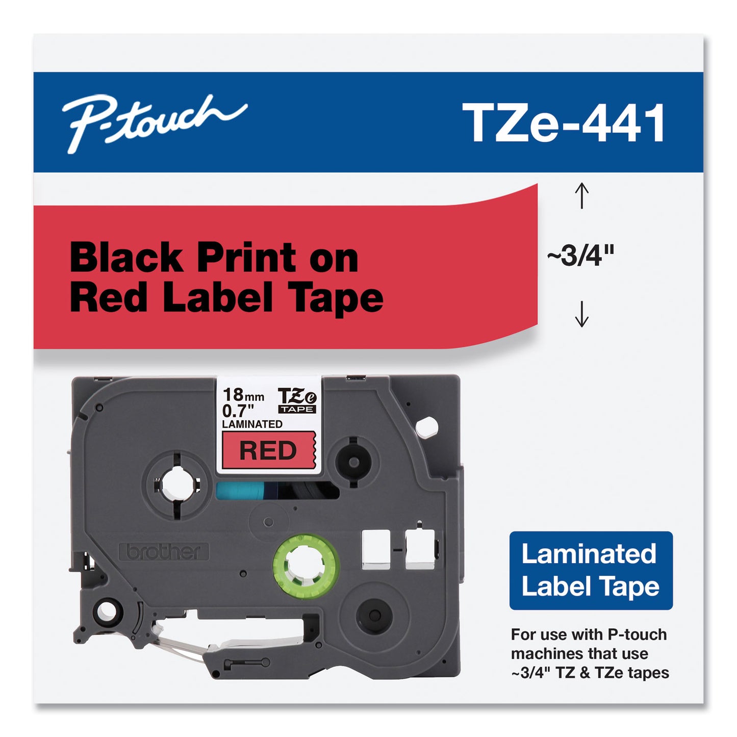 Brother TZe Standard Adhesive Laminated Labeling Tape, 0.7" x 26.2 ft, Black on Red (TZE441)