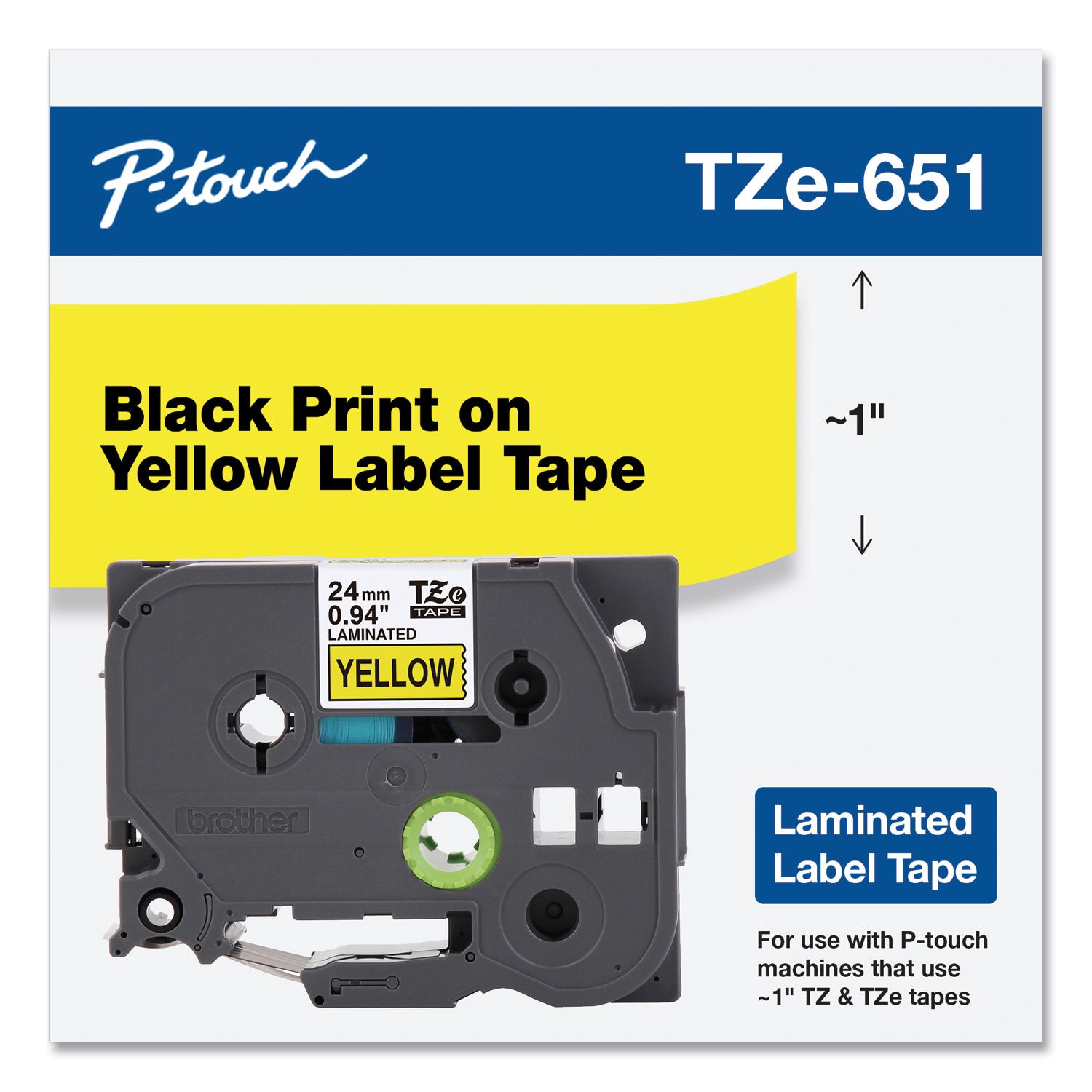 Brother TZe Standard Adhesive Laminated Labeling Tape, 0.94" x 26.2 ft, Black on Yellow (TZE651)