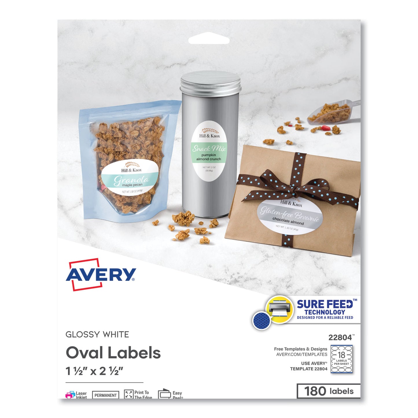 Avery Oval Labels with Sure Feed and Easy Peel, 1.5 x 2.5, Glossy White, 180/Pack (22804)