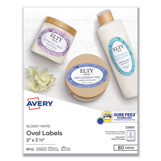 Avery Oval Labels w/ Sure Feed and Easy Peel, 2 x 3.33, Glossy White, 80/Pack (22820)