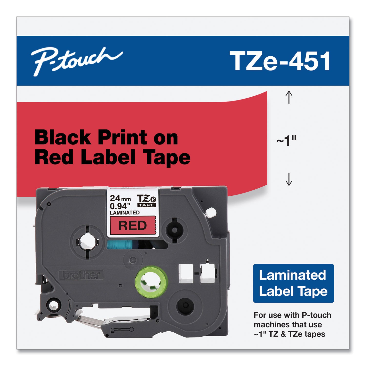 Brother TZe Standard Adhesive Laminated Labeling Tape, 0.94" x 26.2 ft, Black on Red (TZE451)