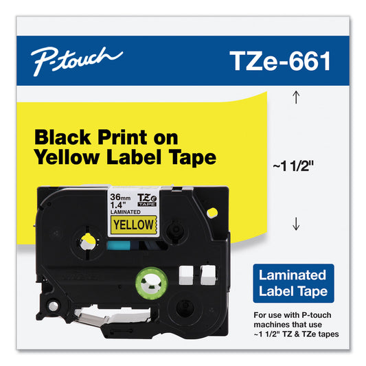 Brother TZe Standard Adhesive Laminated Labeling Tape, 1.4" x 26.2 ft, Black on Yellow (TZE661)