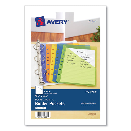 Avery Small Binder Pockets, Standard, 7-Hole Punched, Assorted, 9.25 x 5.5, 5/Pack (75307)