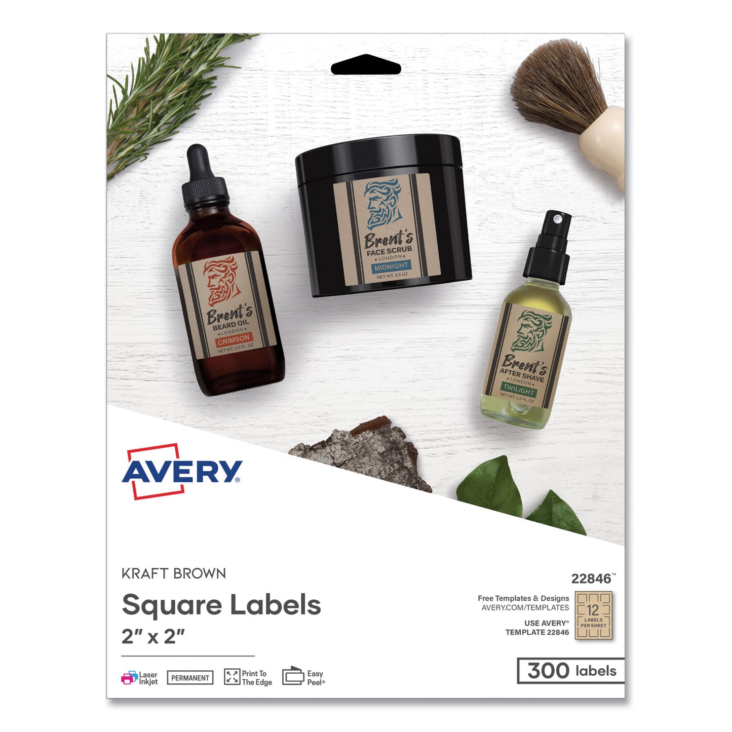 Avery Square Print-to-the-Edge Labels, Inkjet/Laser Printers, 2 x 2, Kraft Brown, 12/Sheet, 25 Sheets/Pack (22846)