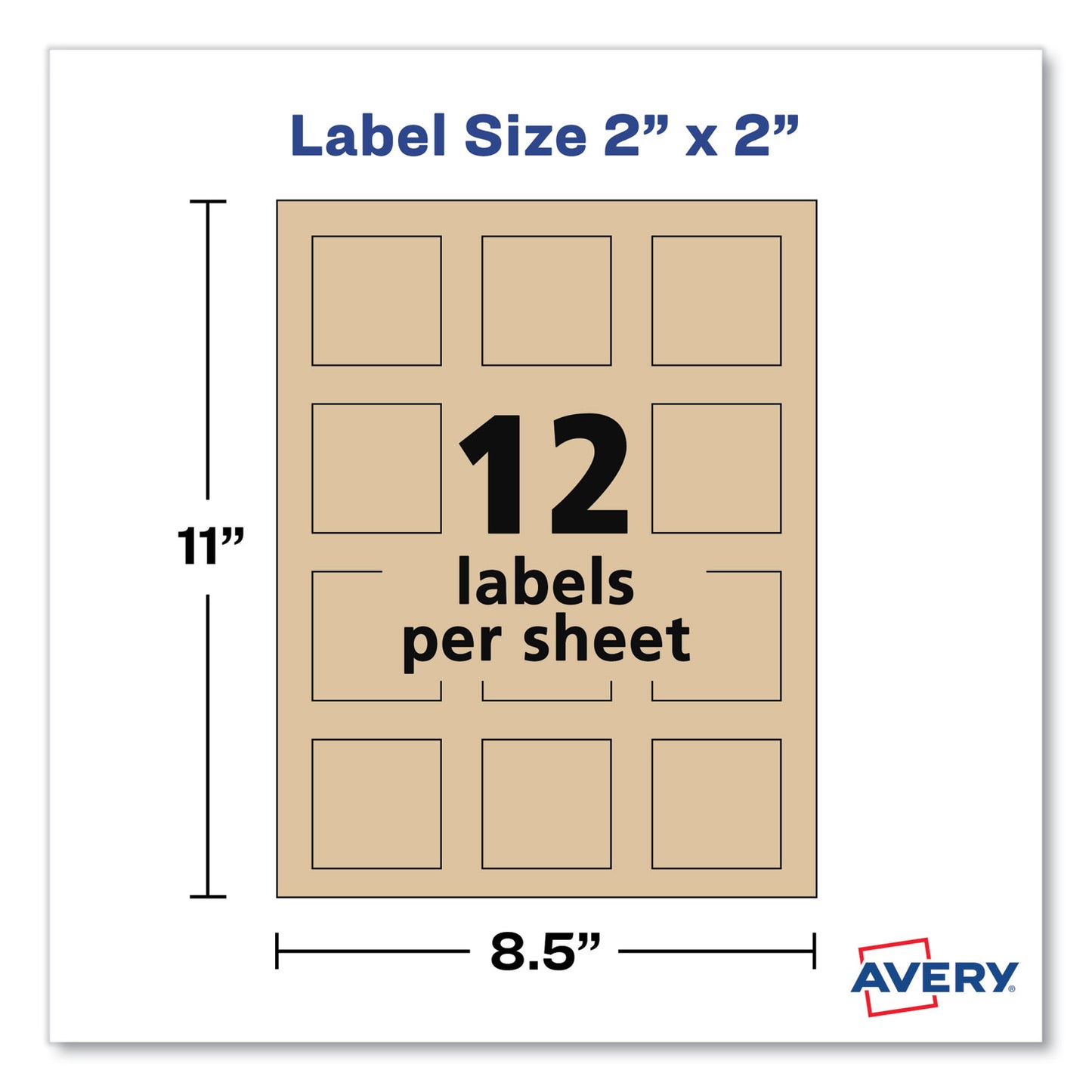 Avery Square Print-to-the-Edge Labels, Inkjet/Laser Printers, 2 x 2, Kraft Brown, 12/Sheet, 25 Sheets/Pack (22846)