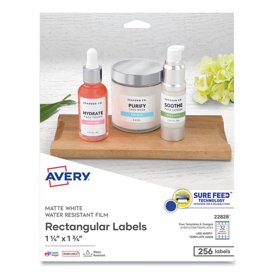 Avery Removable Durable White Rectangle Labels w/ Sure Feed, 1.25 x 1.75, 256/PK (22828)