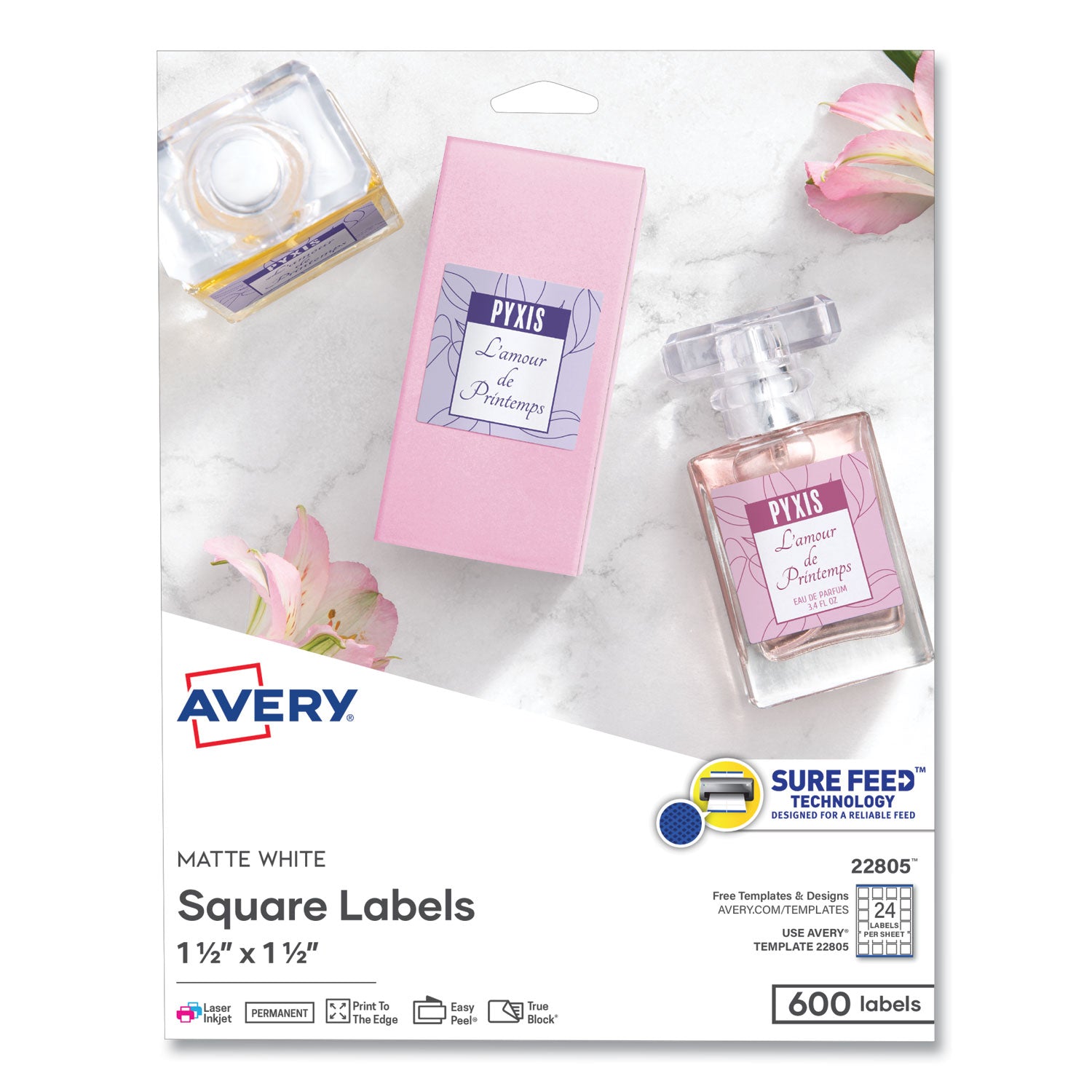 Avery Square Labels with Sure Feed and TrueBlock, 1.5 x 1.5, White, 600/Pack (22805)