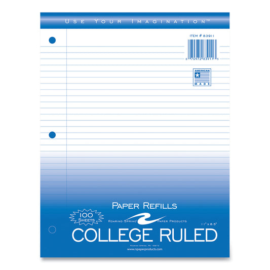 Roaring Spring Notebook Filler Paper, 3-Hole, 8.5 x 11, College Rule, 100/Pack (83911)