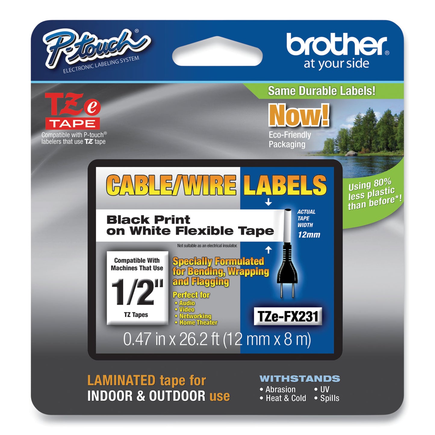 Brother Flexible ID Tape, 0.47" x 26.2 ft, Black on White (TZEFX231)