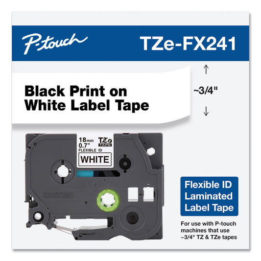 Brother TZe Flexible Tape Cartridge for P-Touch Labelers, 0.7" x 26.2 ft, Black on White (TZEFX241)