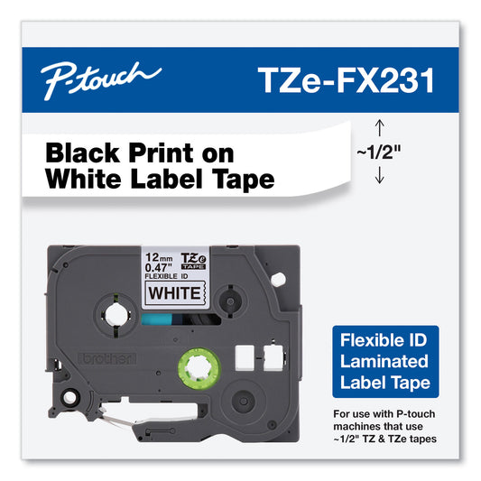 Brother Flexible ID Tape, 0.47" x 26.2 ft, Black on White (TZEFX231)