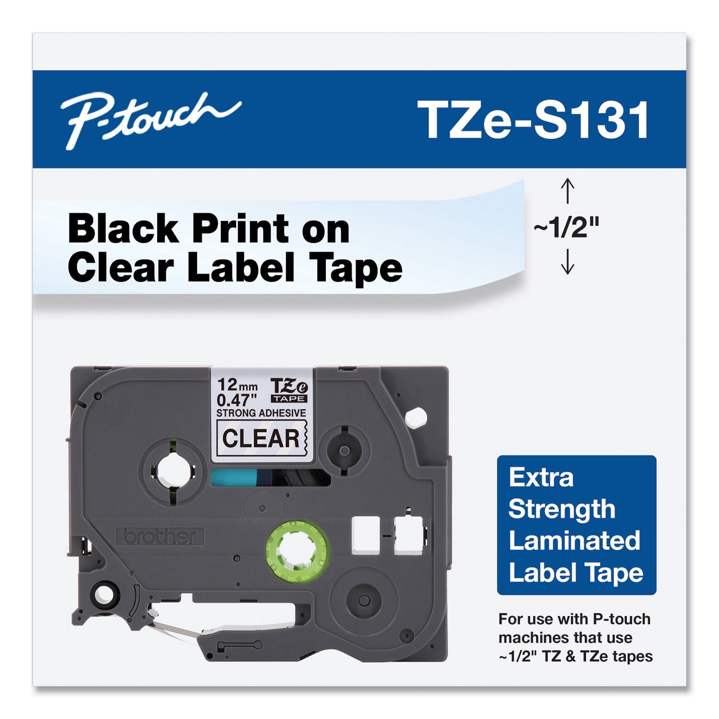 Brother TZe Extra-Strength Adhesive Laminated Labeling Tape, 0.47" x 26.2 ft, Black on Clear (TZES131)