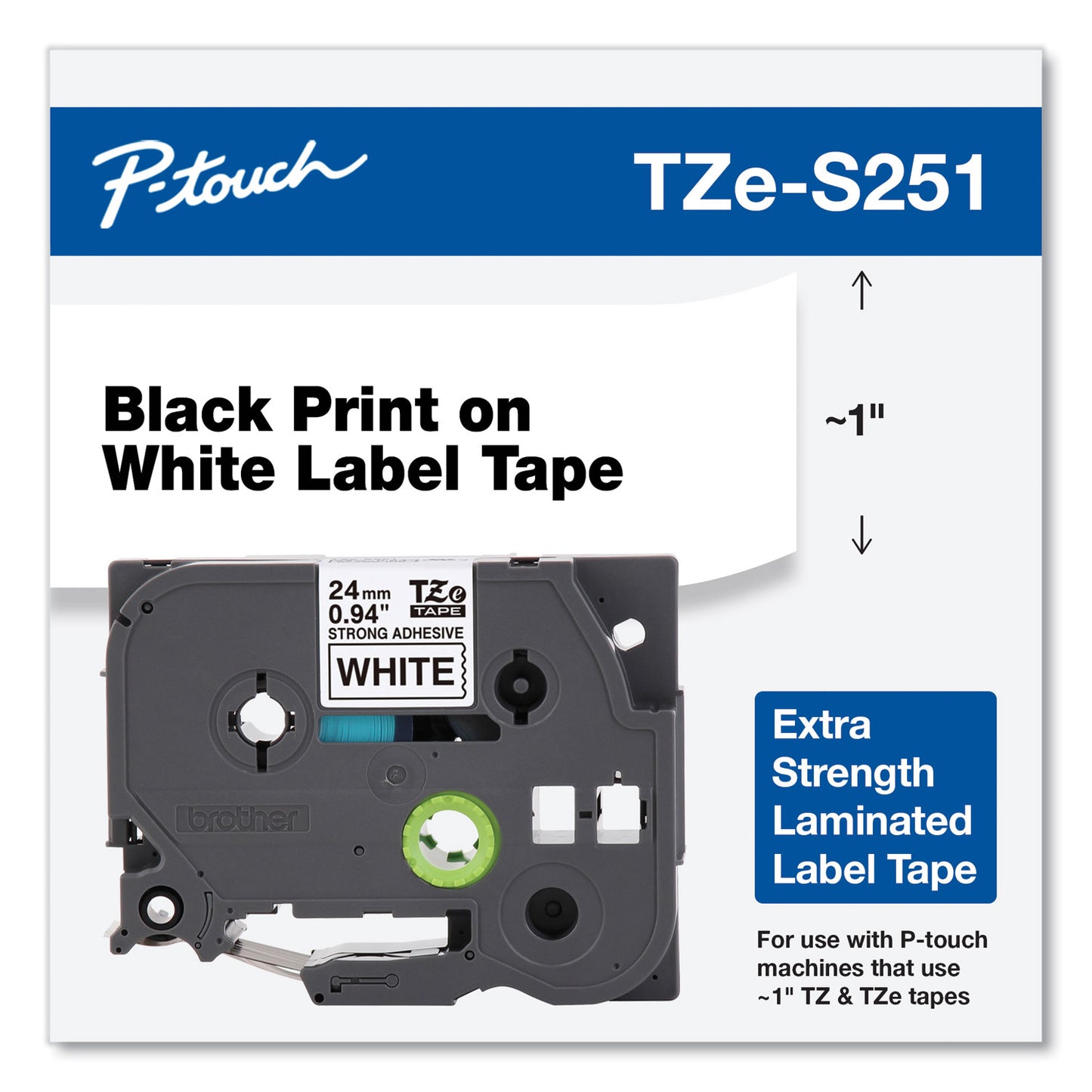 Brother TZe Extra-Strength Adhesive Laminated Labeling Tape, 0.94" x 26.2 ft, Black on White (TZES251)