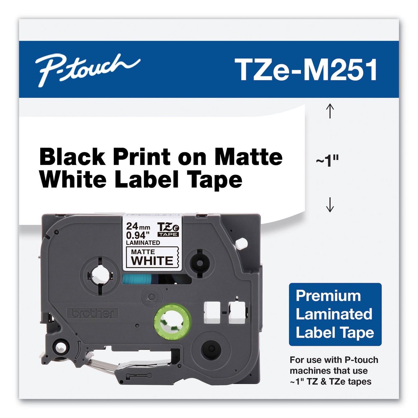 Brother TZe Premium Laminated Tape, 0.94" x 26.2 ft, Black on White (TZEM251)