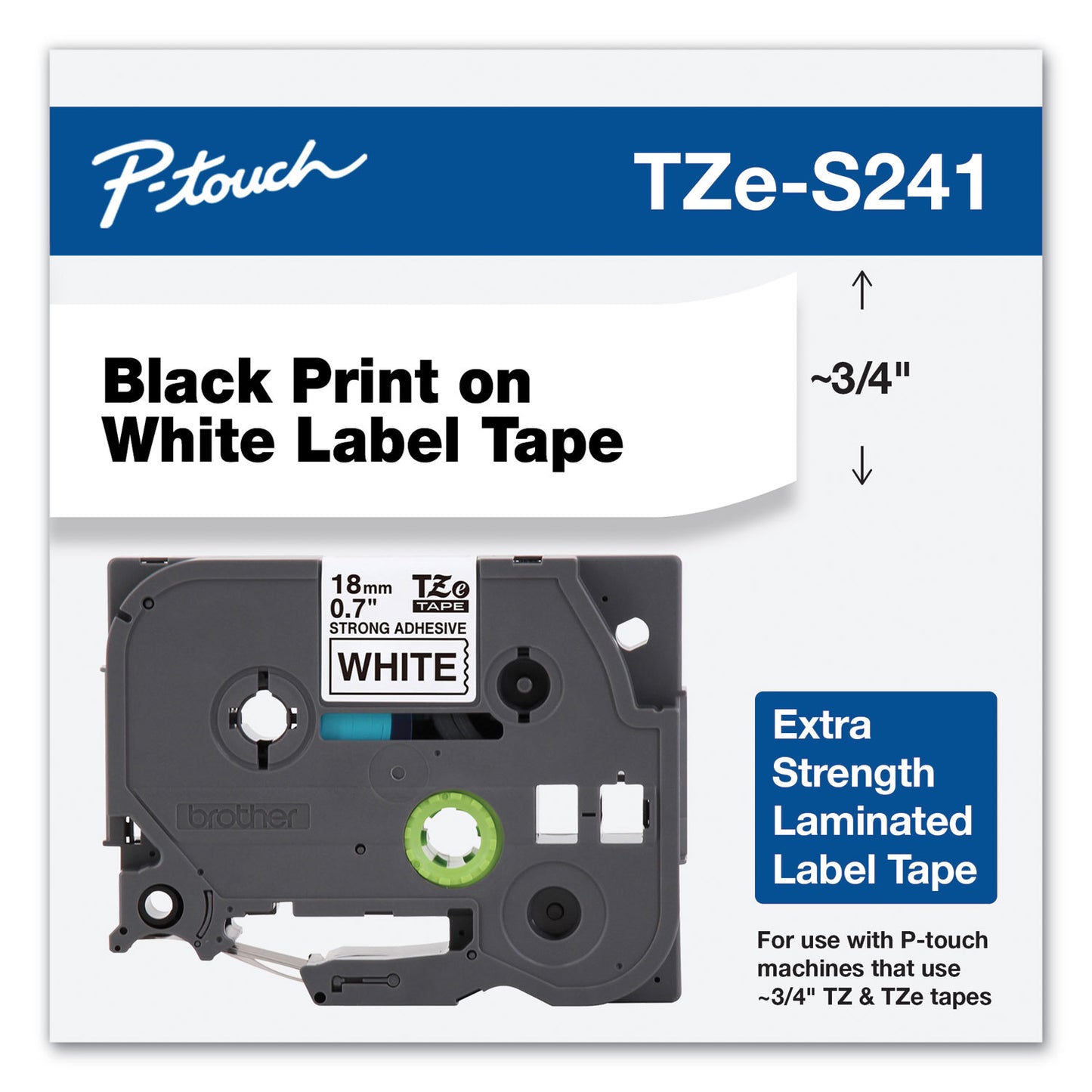 Brother TZe Extra-Strength Adhesive Laminated Labeling Tape, 0.7" x 26.2 ft, Black on White (TZES241)