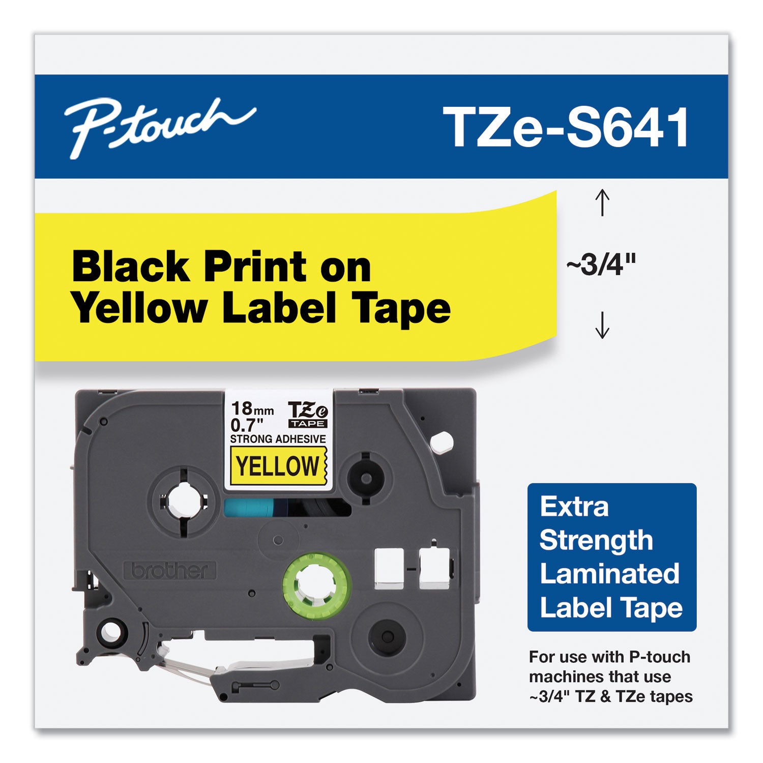 Brother TZe Extra-Strength Adhesive Laminated Labeling Tape, 0.7" x 26.2 ft, Black on Yellow (TZES641)