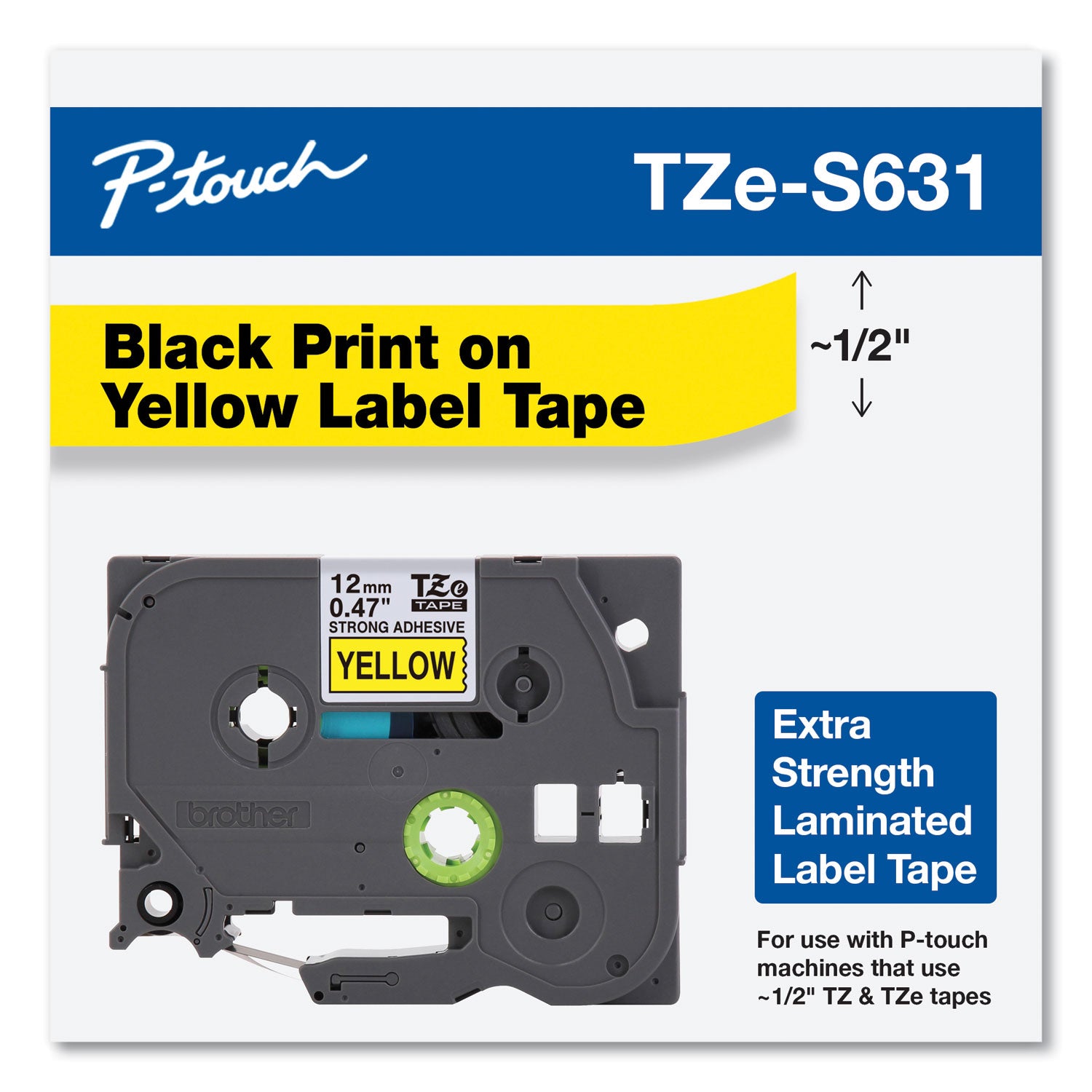 Brother TZe Extra-Strength Adhesive Laminated Labeling Tape, 0.47" x 26.2 ft, Black on Yellow (TZES631)