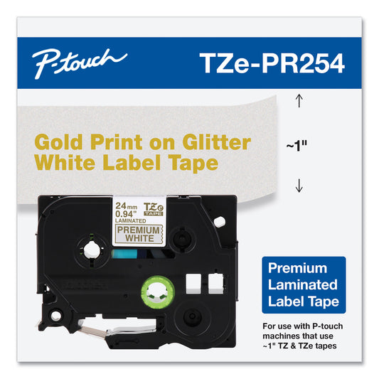 Brother TZe Premium Laminated Tape, 0.94" x 26.2 ft, Gold on White (TZEPR254)