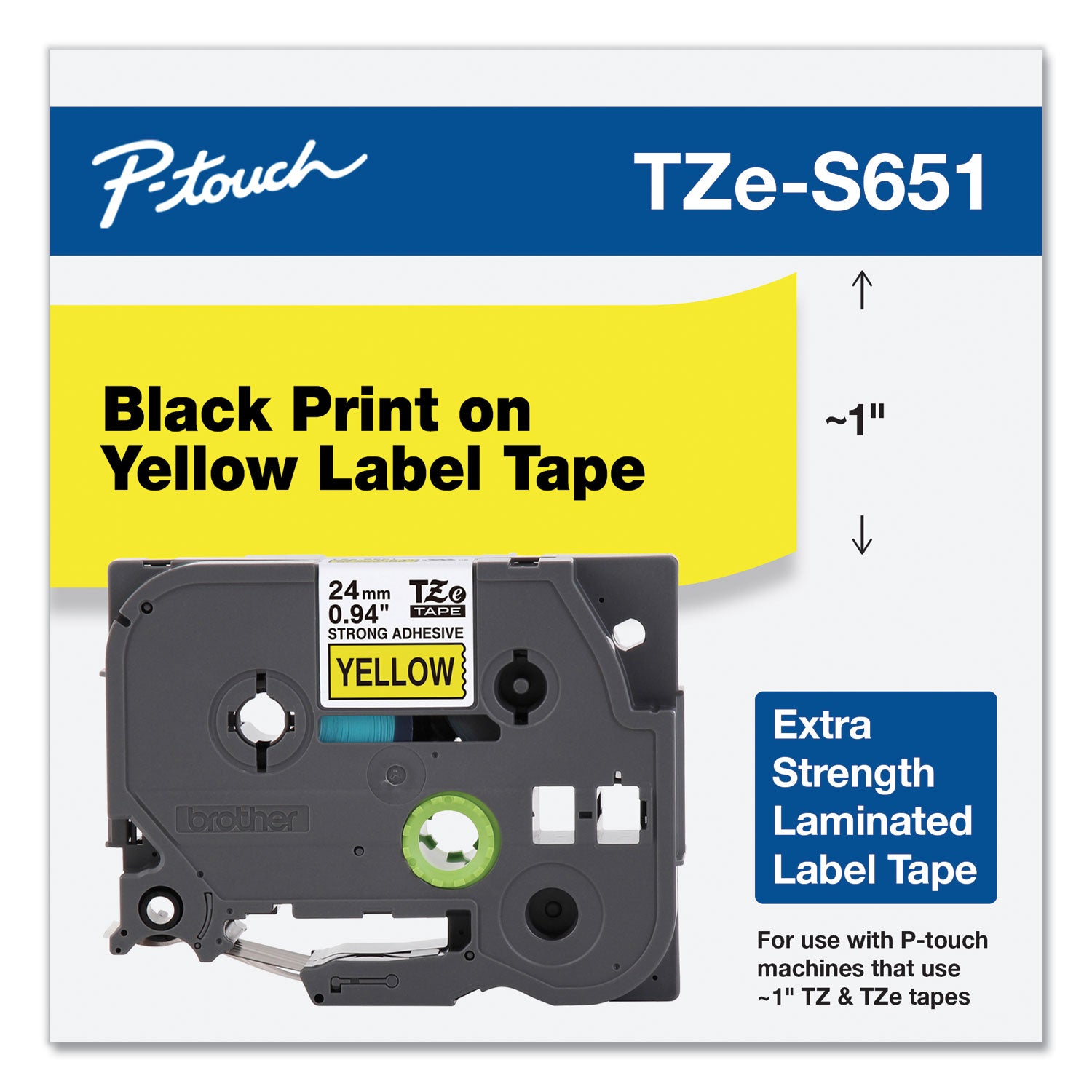 Brother TZe Extra-Strength Adhesive Laminated Labeling Tape, 0.94" x 26.2 ft, Black on Yellow (TZES651)