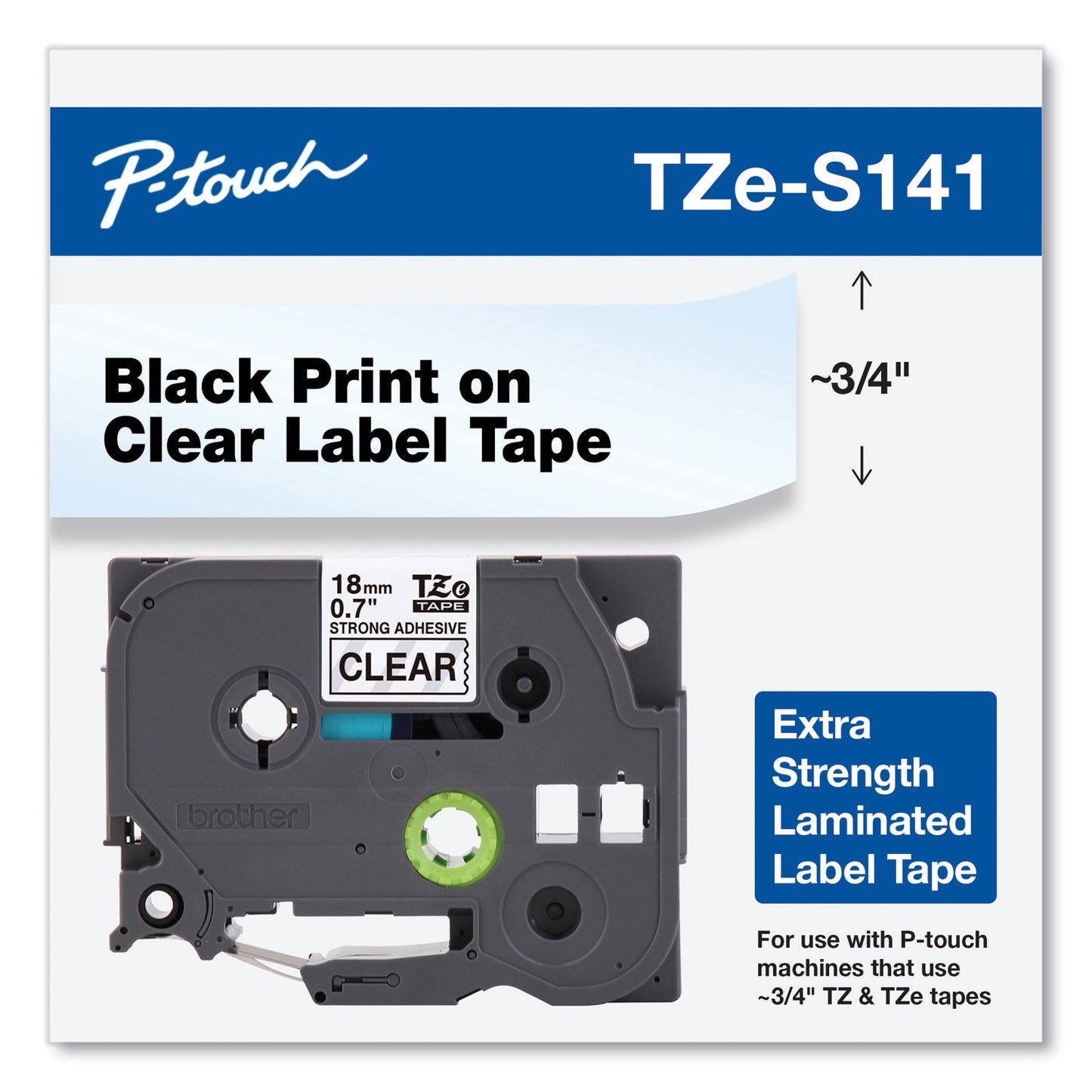 Brother TZe Extra-Strength Adhesive Laminated Labeling Tape, 0.7" x 26.2 ft, Black on Clear (TZES141)