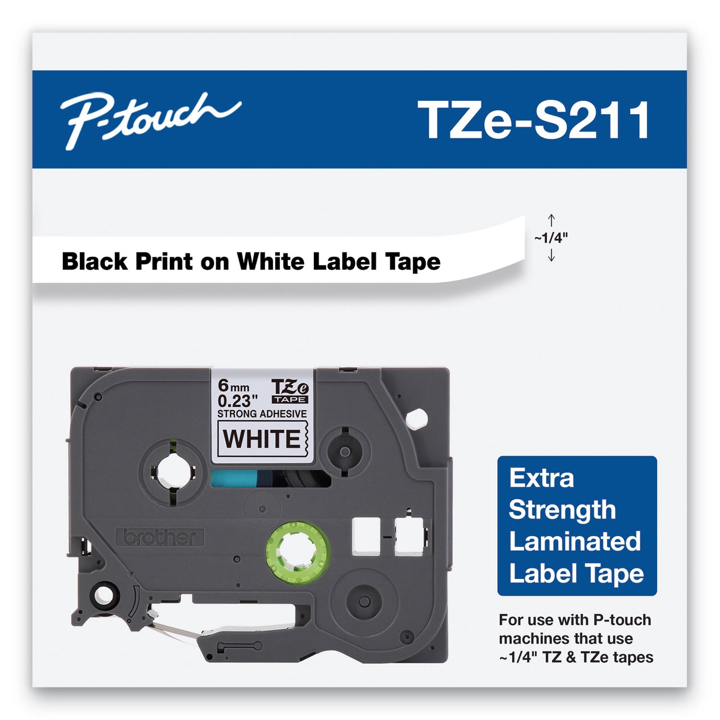 Brother TZe Extra-Strength Adhesive Laminated Labeling Tape, 0.23" x 26.2 ft, Black on White (TZES211)