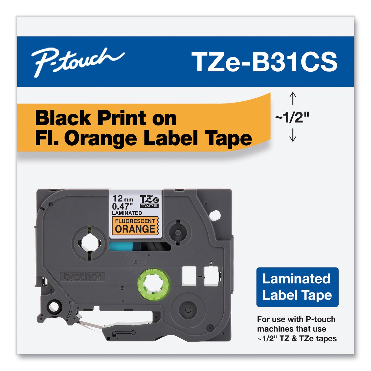 Brother TZe Laminated Removable Label Tapes, 0.47" x 26.2 ft, Black on Orange (TZEB31CS)