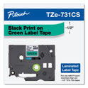 Brother TZe Laminated Removable Label Tapes, 0.47" x 26.2 ft, Black on Green (TZE731CS)