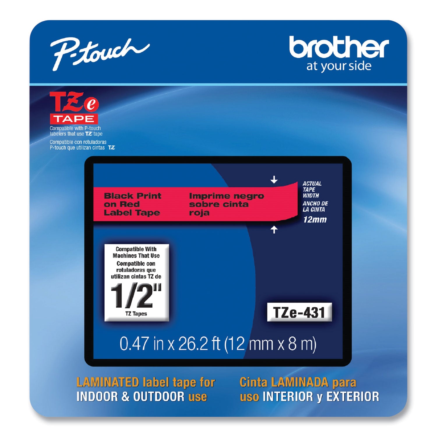 Brother TZe Laminated Removable Label Tapes, 0.47" x 26.2 ft, Black on Red (TZE431CS)