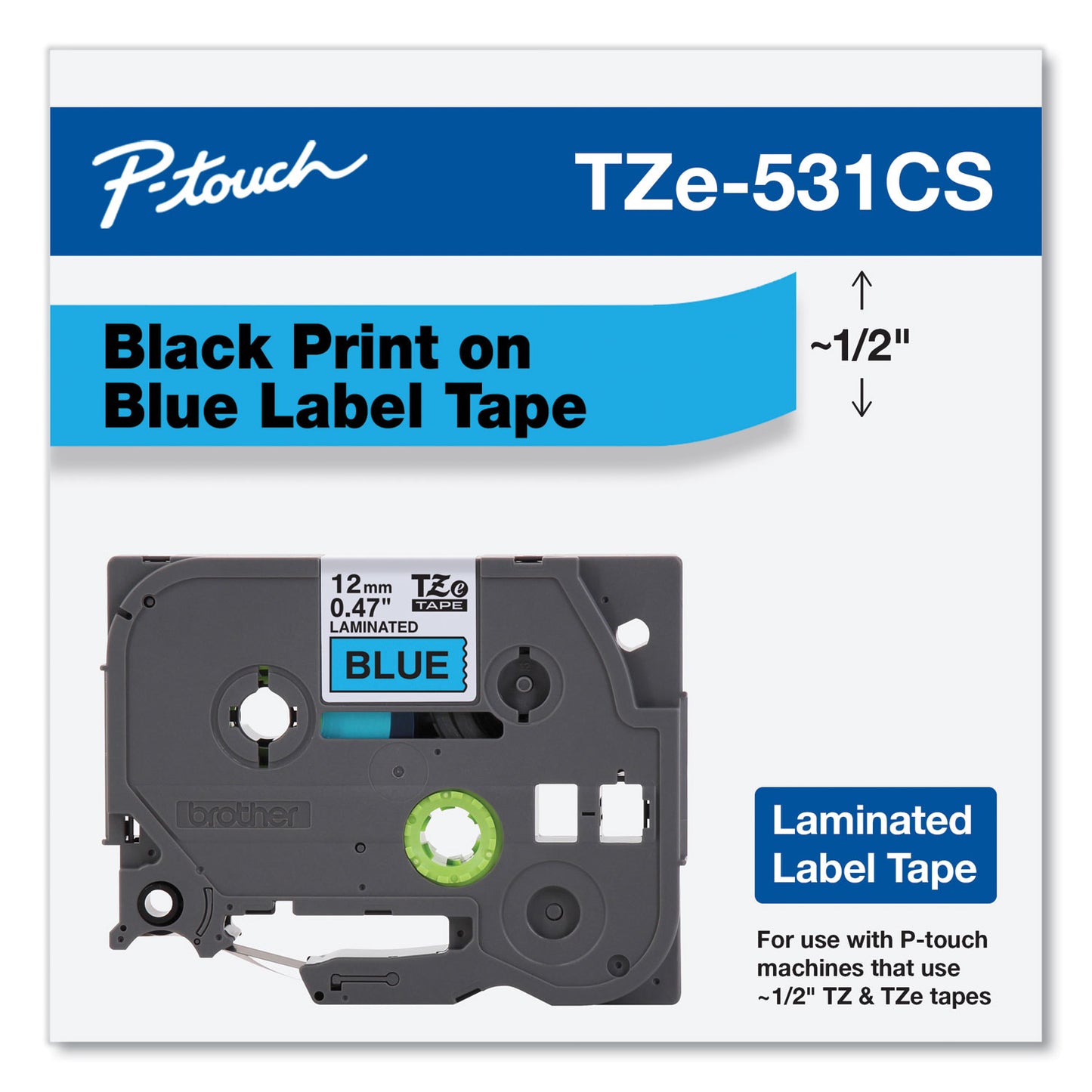 Brother TZe Laminated Removable Label Tapes, 0.47" x 26.2 ft, Black on Blue (TZE531CS)