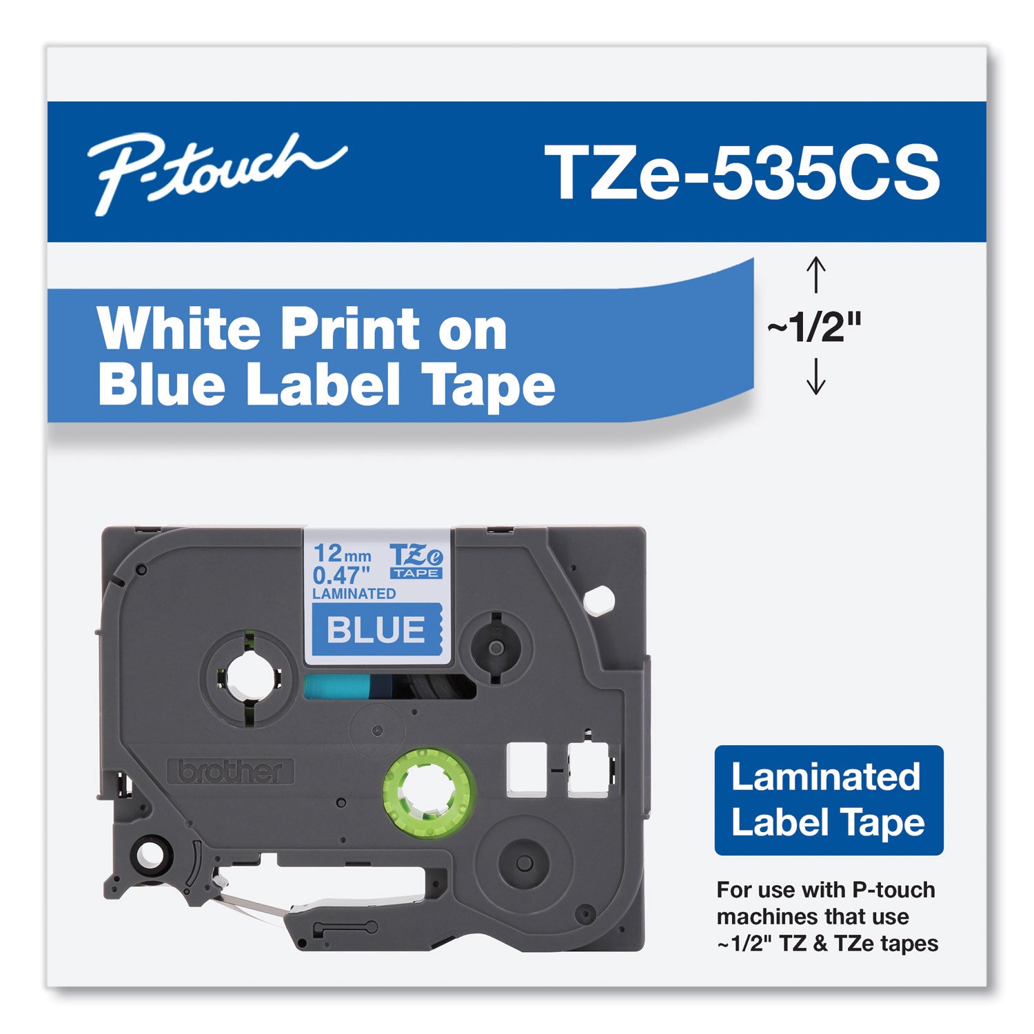 Brother TZe Laminated Removable Label Tapes, 0.47" x 26.2 ft, White on Blue (TZE535CS)