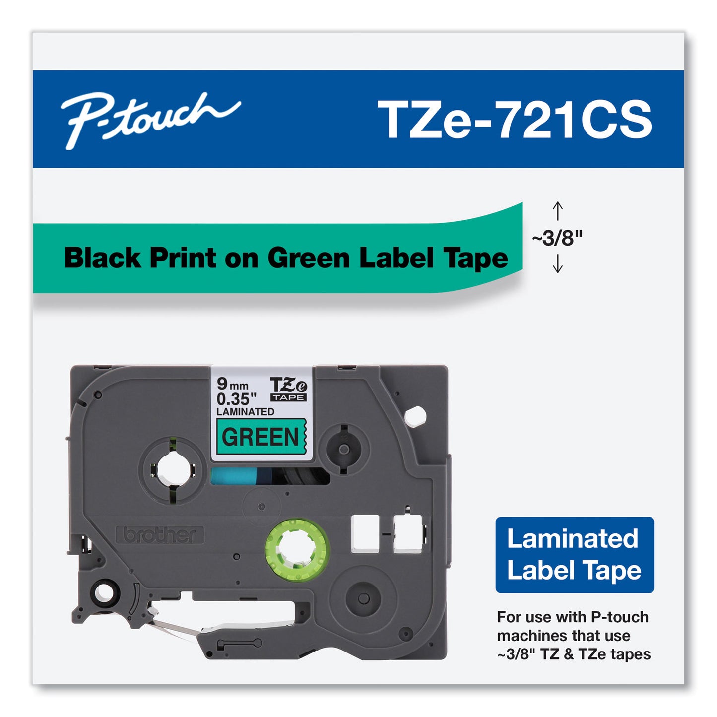 Brother TZe Laminated Removable Label Tapes, 0.35" x 26.2 ft, Black on Green (TZE721CS)