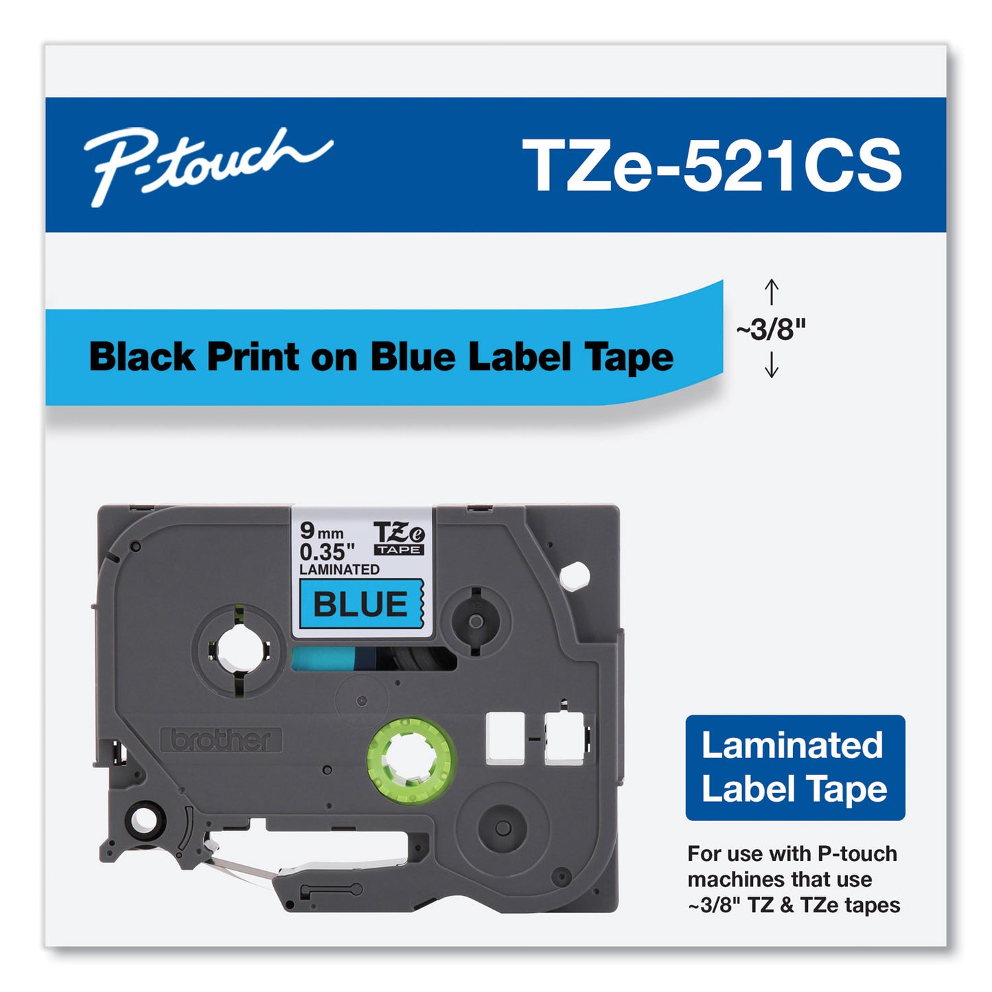 Brother TZe Laminated Removable Label Tapes, 0.35" x 26.2 ft, Black on Blue (TZE521CS)