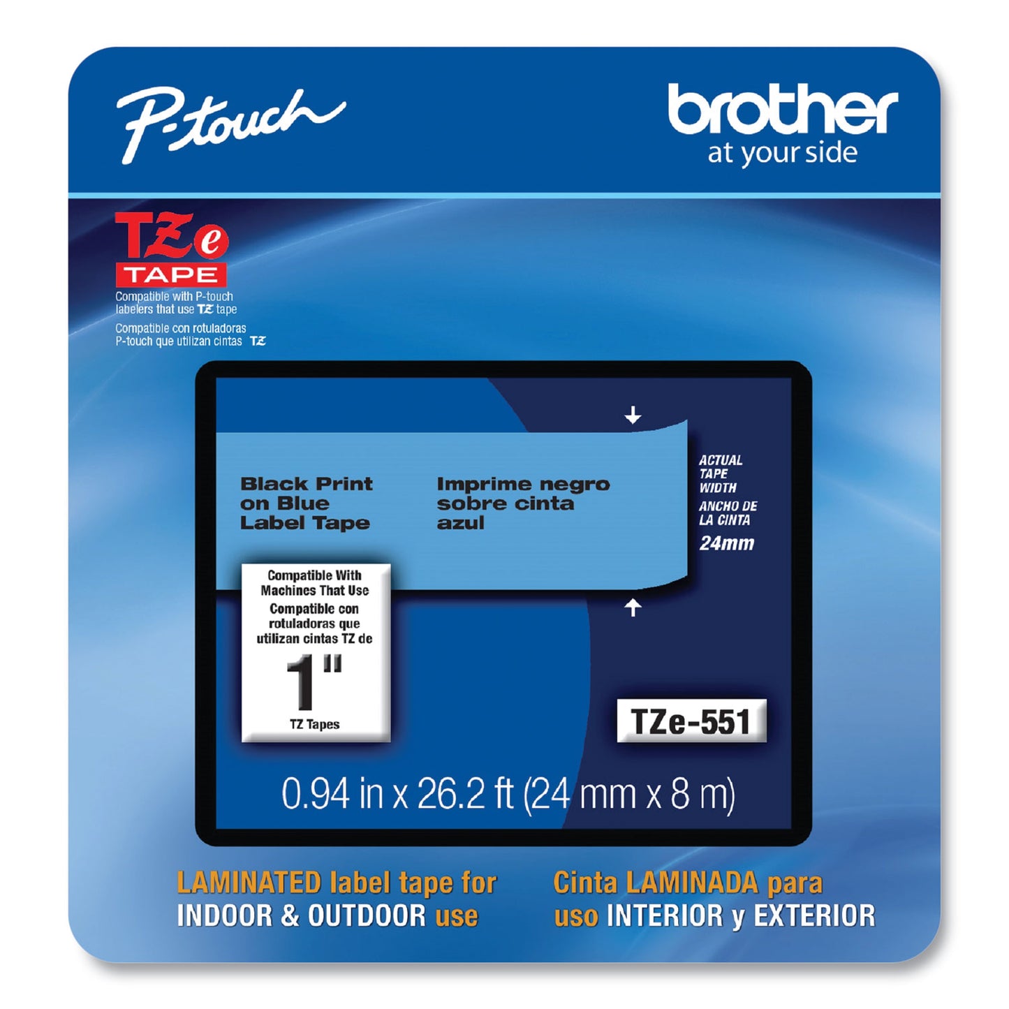 Brother TZe Laminated Removable Label Tapes, 0.94" x 26.2 ft, Black on Blue (TZE551CS)