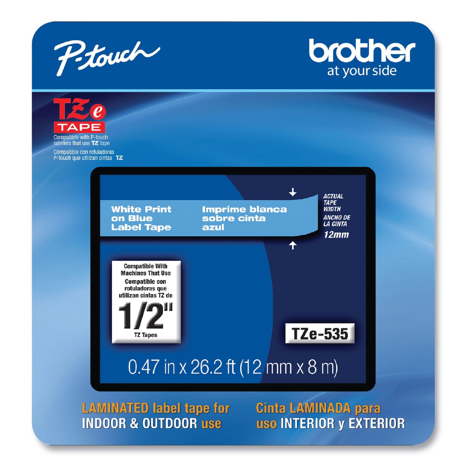 Brother TZe Laminated Removable Label Tapes, 0.47" x 26.2 ft, White on Blue (TZE535CS)