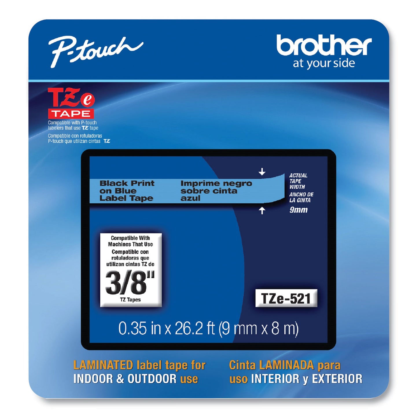 Brother TZe Laminated Removable Label Tapes, 0.35" x 26.2 ft, Black on Blue (TZE521CS)