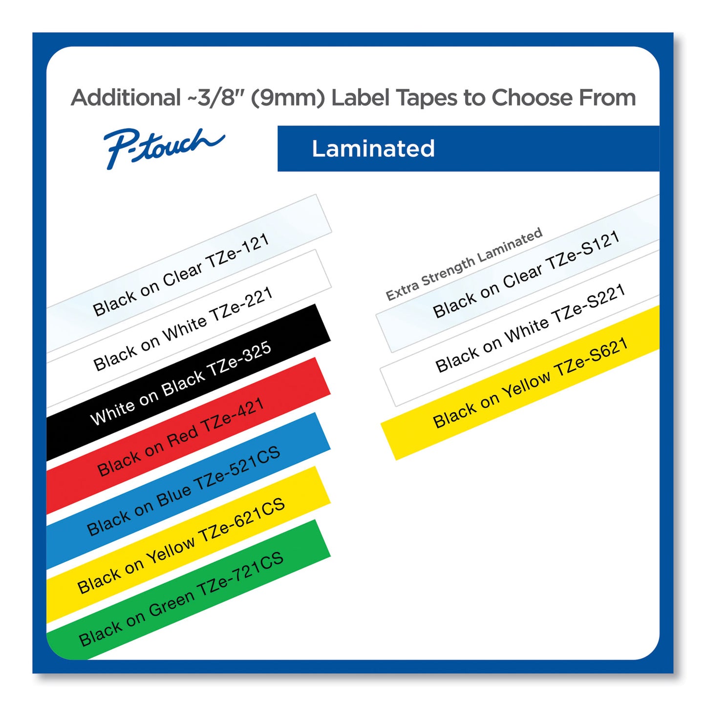 Brother TZe Laminated Removable Label Tapes, 0.35" x 26.2 ft, Black on Blue (TZE521CS)