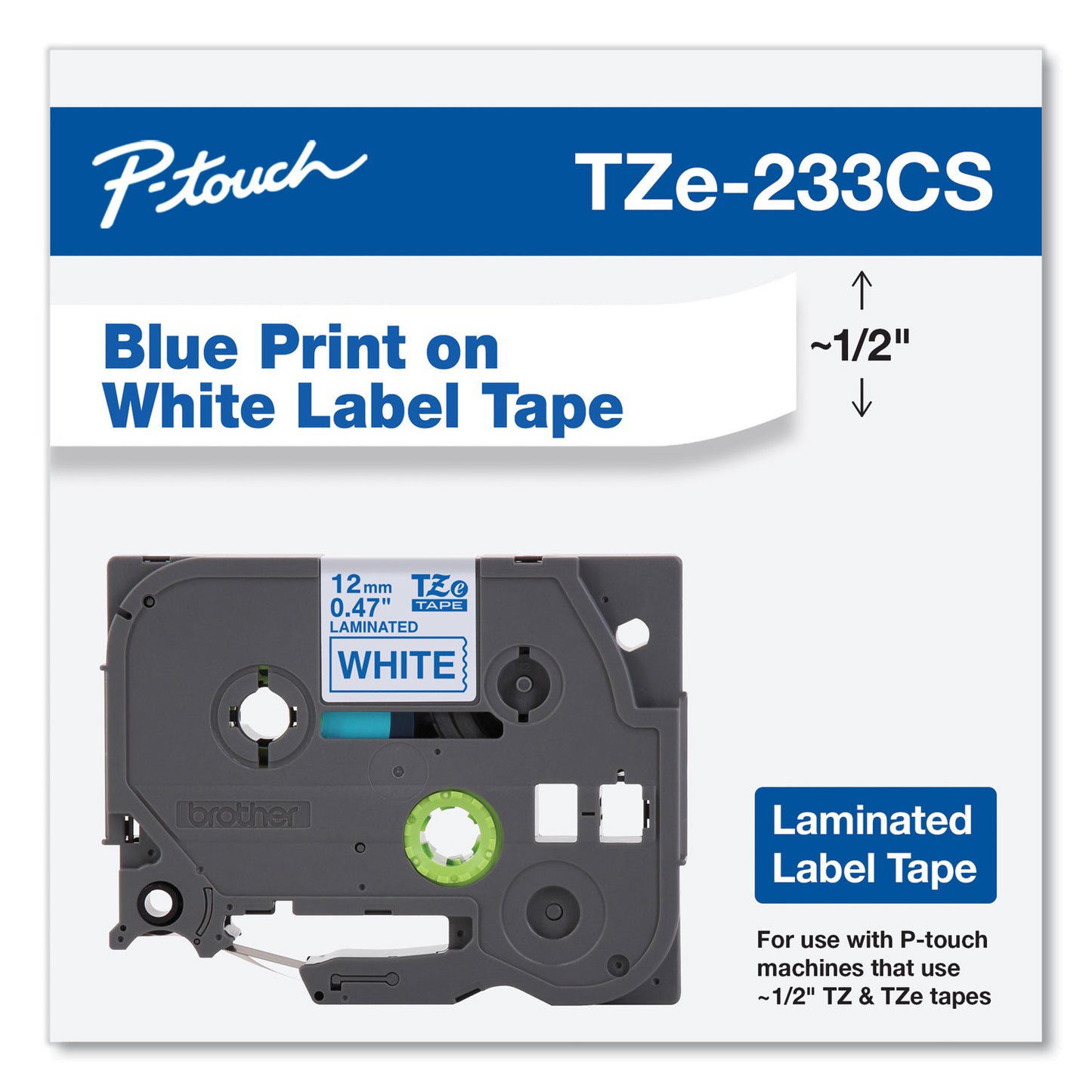 Brother TZe Laminated Removable Label Tapes, 0.47" x 26.2 ft, Blue on White (TZE233CS)