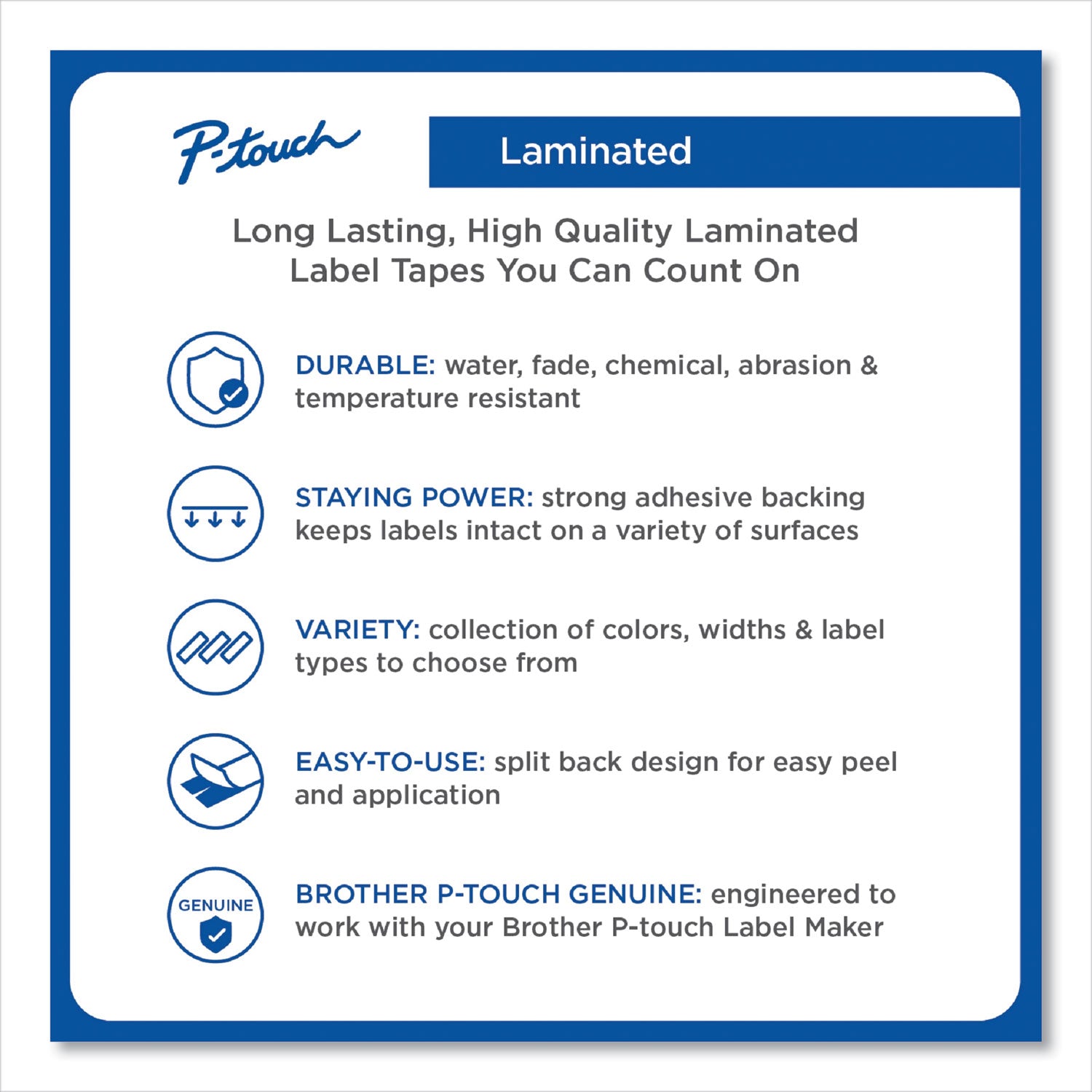 Brother TZe Laminated Removable Label Tapes, 0.47" x 26.2 ft, White on Blue (TZE535CS)